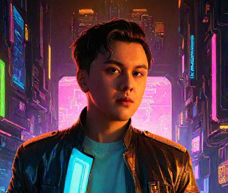 Stylized neon portrait of Nicolas Chan
