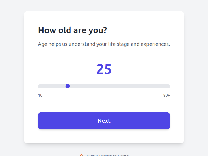MBTI Personality Quiz in use — an age question with a slider, mid-assessment
